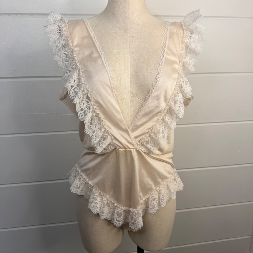 Vintage Emil Bole Large Satin Lace Ruffle Teddy Bodysuit Deep V Neck Sleeveless